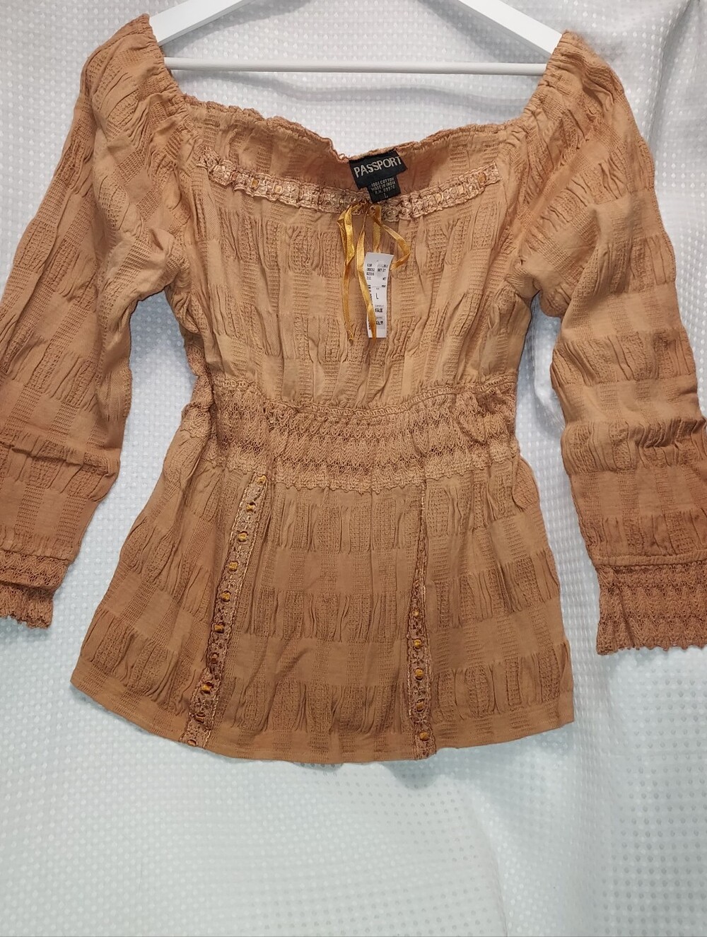 Passport Brown Off-Shoulder Smocked Peasant Tunic